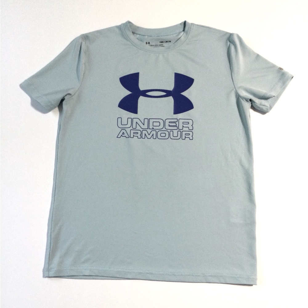 Under Armour Boys Size Youth Medium HeatGear Light Blue Short Sleeve Logo Tee